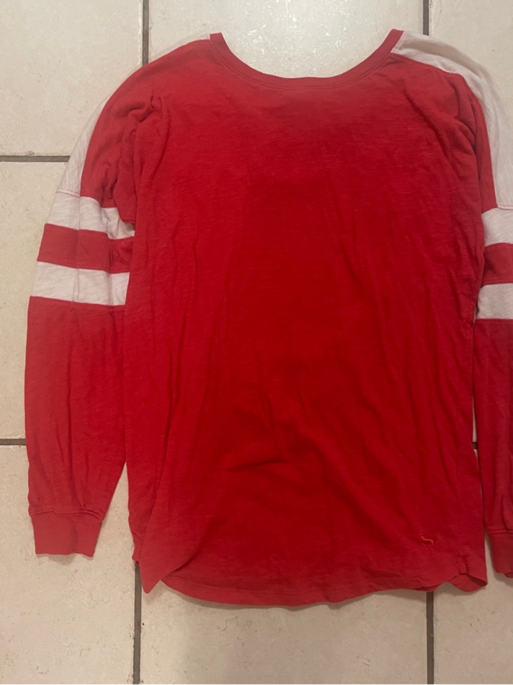 Red Long-Sleeve Crewneck Shirt with White Sleeve Stripes